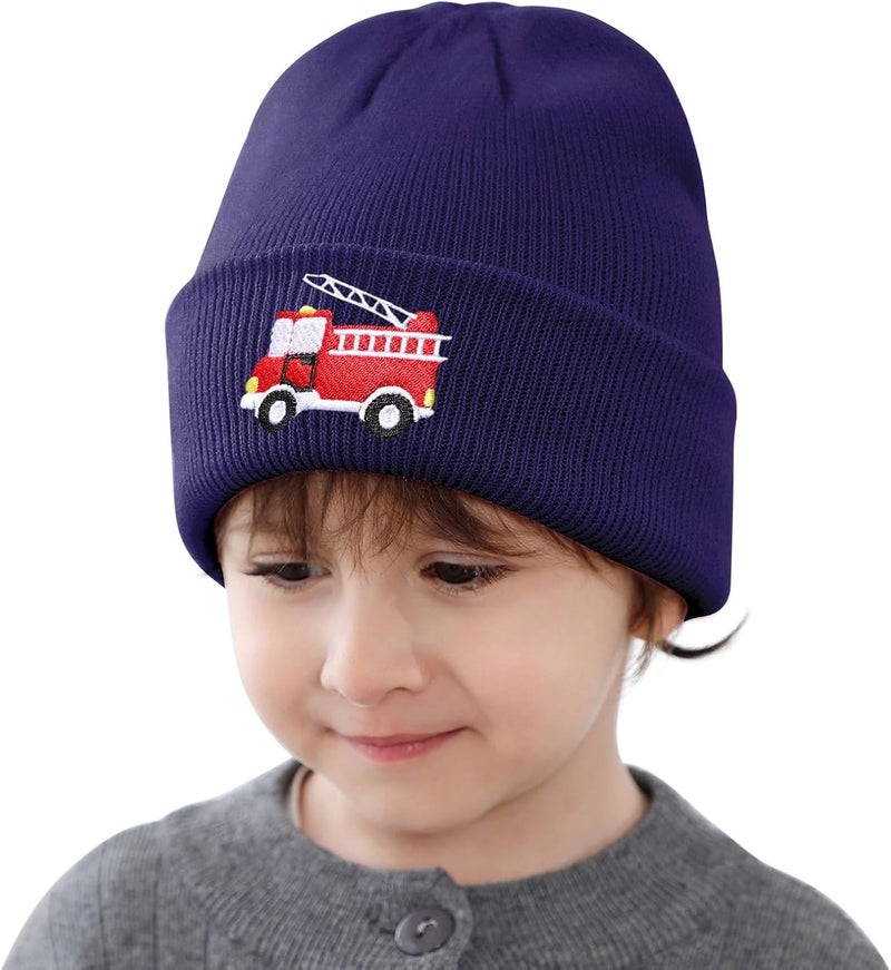 KDVOG Store Kids Knit Beanie Cute Fire Trucks Embroidery Warm Cuffed Skull Caps Classic Autumn Winter Hats for Boys Girls 3-8 Years - Image 2